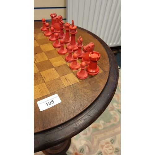 105 - Victorian Chess table with Chess set some a/f.