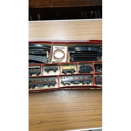 97 - Early tin plate clockwork train set with original bakelite and metal controllers.