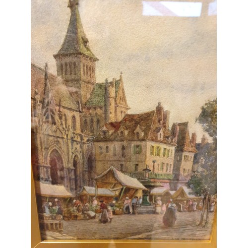 156 - Water colour of German town scene painting in fitted ornate gilt frame . Signed by artist .