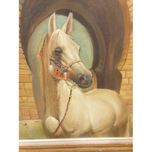 162 - Large oil painting of a horse on canvas possibly a portrait in heavy gilt framed signed by artist .