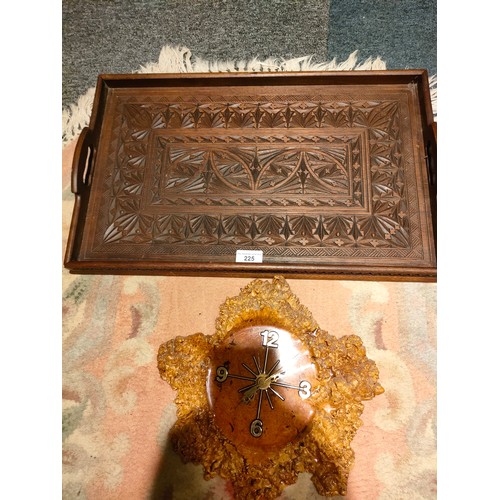 225 - Ornate Carved tray together with arts and crafts clock .