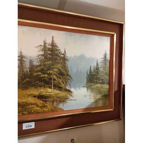 220B - Large oil painting depicting river and forest scene  in retro framing signed by artist .