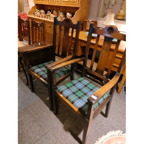 212 - Beautiful Pair of 19th century Oak arm chairs in tartan uphostery .