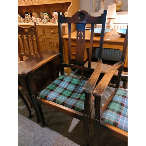 212 - Beautiful Pair of 19th century Oak arm chairs in tartan uphostery .