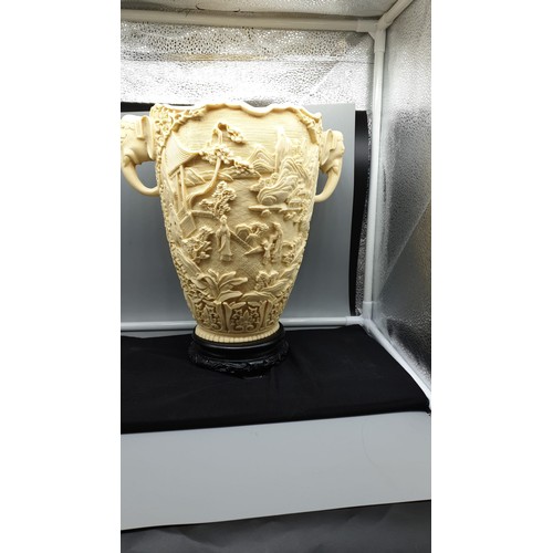 177 - Large Alabaster Carved Oriental Vase With Elephant  Handles on Stained Wood Carved Stand  30 cms tal... 