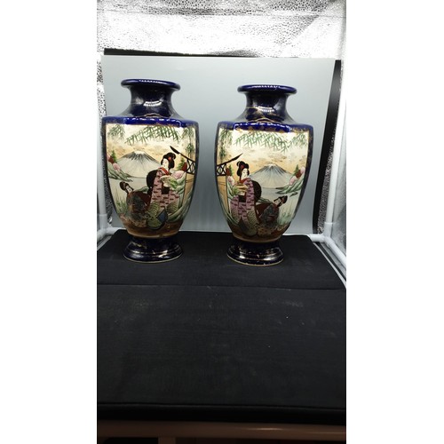 175 - Pair of early Satsuma Ware Geisha Girl Vases Stands 26cms tall. signed to base.