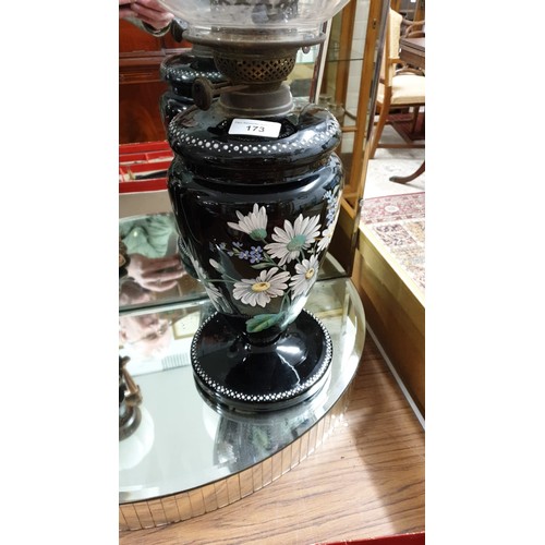 173 - Fantastic Victorian Hand Painted Oil Lamp in Stunning Black Glass With Etched Shade And glass funnel... 