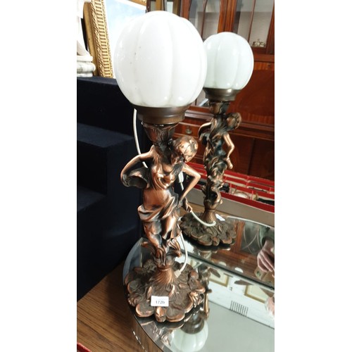 172b - Heavy Cast Metal Art Deco Lady Figure Lamp and globe .