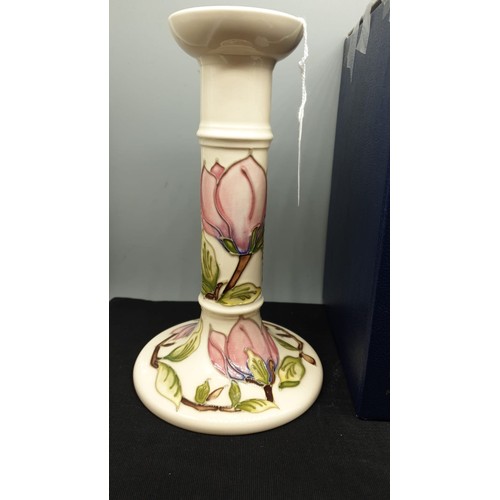 168 - Large Moorcroft Candlestick on Cream ground with Hibiscus Pattern Stands 21cm tall