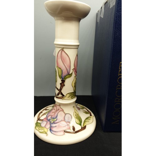 168 - Large Moorcroft Candlestick on Cream ground with Hibiscus Pattern Stands 21cm tall