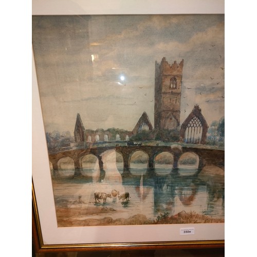 350E - Early Watercolour of Old bridge and castle scene frame .