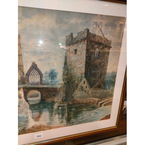 350E - Early Watercolour of Old bridge and castle scene frame .