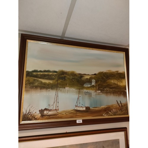 350d - Large Oil painting of Lake scene with boats and church to back ground framed.