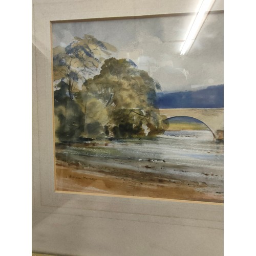 293 - Large Water colour bridge and river signed Brian Irwin