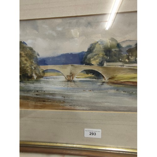 293 - Large Water colour bridge and river signed Brian Irwin