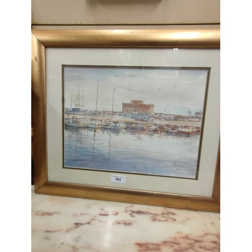 292 - Watercolour of harbour scene signed Paphos lixin.