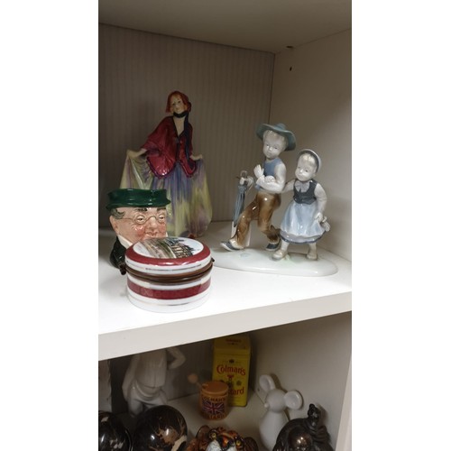 386a - Shelf of collectables includes Germany baby porcelain bust early Royal doulton figure  etc.