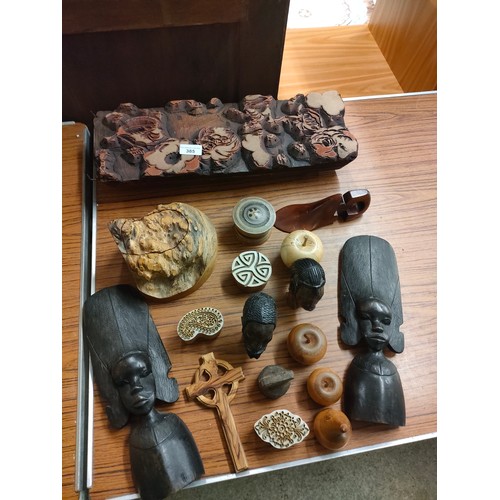 385 - Lot of collectable wooden items includes wooden sculpture and arts and crafts Scottish secret box et... 