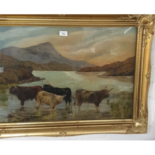 75a - Large oil painting of highland cattle scene framed .