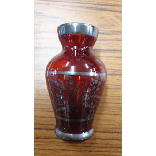 371 - Victorian  Cranberry Glass Sugar  and Creme with silver overlaid  Ruby glass vase.