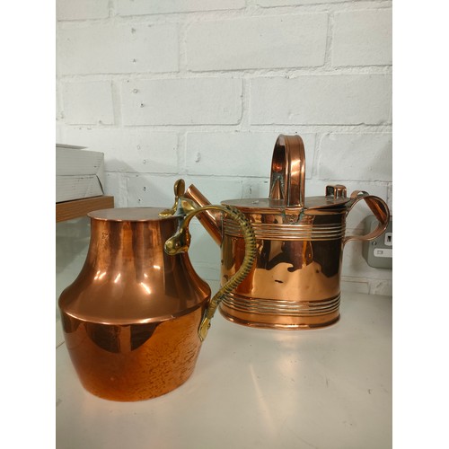 79 - Victorian copper watering can, antique copper coffee pot in the style of Christopher dresser togethe... 