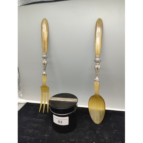 83 - Pair of Scottish horn fork and porridge spoon with white metal binding together with white metal top... 