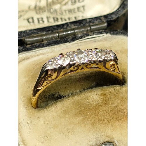 2 - 18 CT gold 5 stone diamond ring with 0.48 CT between all stones with original 1900s Aberdeen jewelle... 