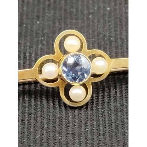 3 - 15ct gold blue stone and pearl set bar brooch .