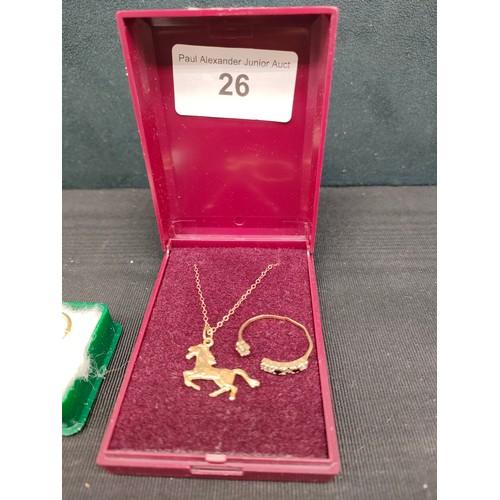 26 - 9ct gold chain with 9ct gold horse pendant , pair of 9ct gold earrings together with 9ct gold scrap ... 