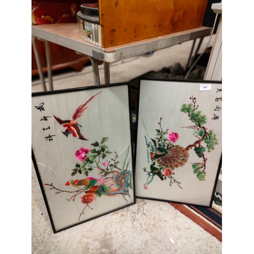 547 - Pair of oriental bird scene silks .