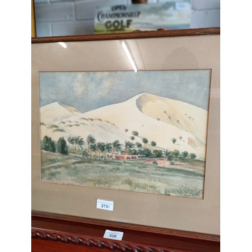 273a - Watercolour of mountains eastern scene Signed Kay Couat 1950.