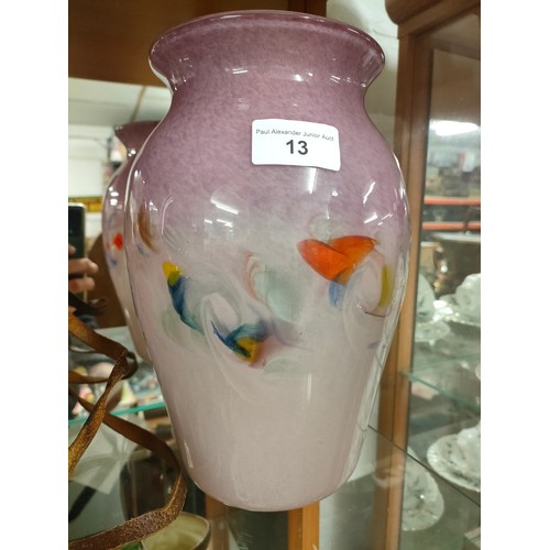 13 - Large strathearn Scottish glass vase with pale and purple back ground with multiple colour swirl adv... 