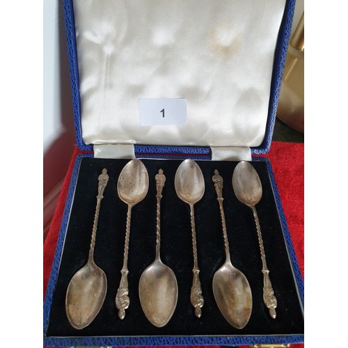 1 - Set Of 6 Silver Hallmarked Apostle Tea Spoons In Fitted Case Weighing 74 Grams.