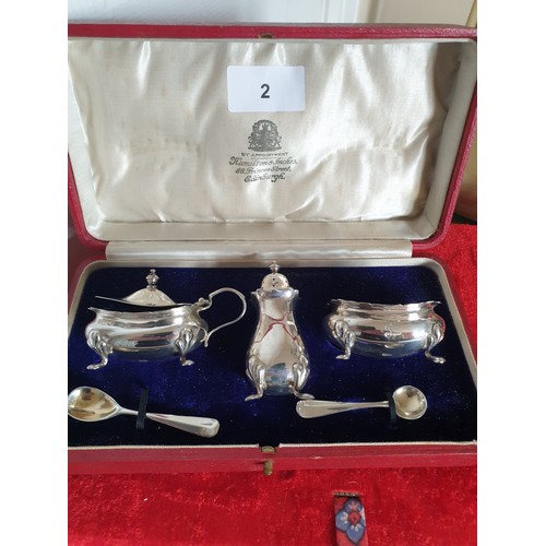 2 - 3 Piece Silver Hallmarked Edinburgh Hamilton and inches complete with spoons Condiment Set In Fitted... 