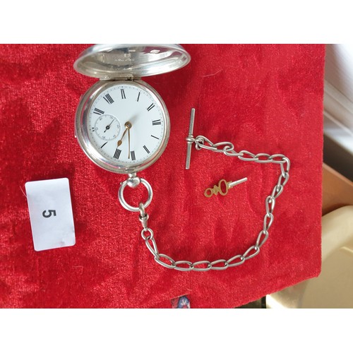 5 - Silver Hallmarked Chester Pocket Watch With Albert Chain And Key Working Order