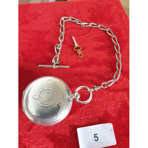 5 - Silver Hallmarked Chester Pocket Watch With Albert Chain And Key Working Order