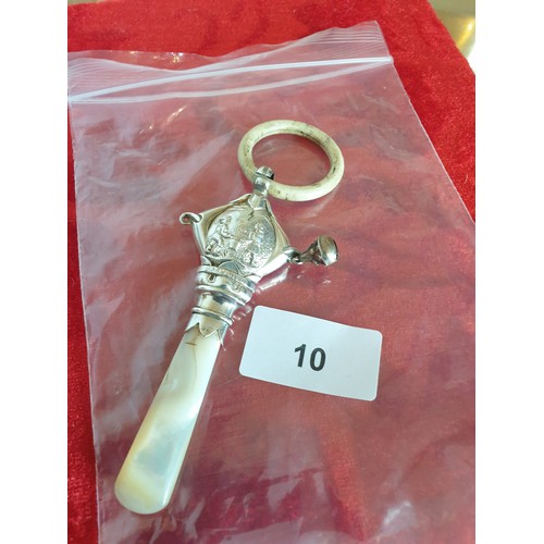 10 - Silver Hallmarked Mother Of Pearl Handled Babys Rattle/Teething Ring