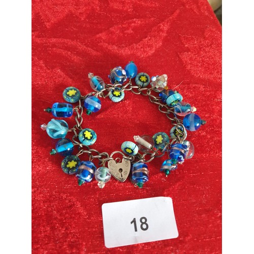 18 - Silver Charm Bracelet With Millifiori Glass Charms ect