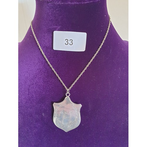 33 - Large Silver Shield Pendant Dated 1911 On Silver Chain