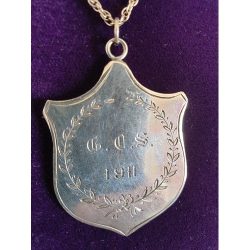 33 - Large Silver Shield Pendant Dated 1911 On Silver Chain