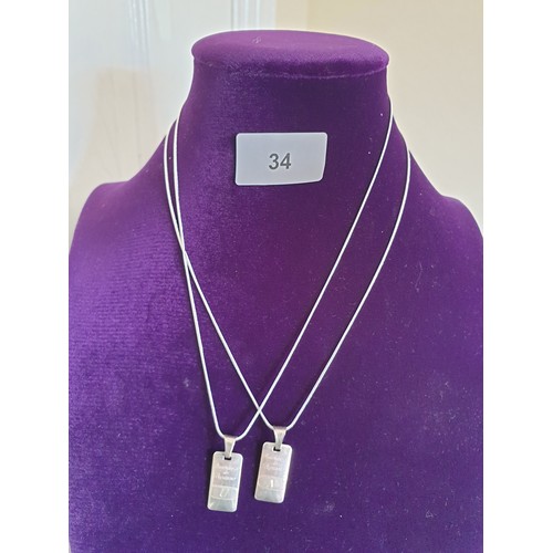 34 - 2 Silver Baptism Pendant With Silver Serpentine Chains
