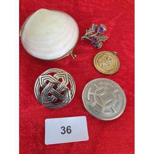 36 - Shell Purse, Miracle Scottish Brooch Celtic Brooches And Large St Christopher