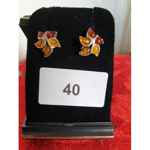 40 - Pair Silver And Amber Stone Ear Rings Stunning