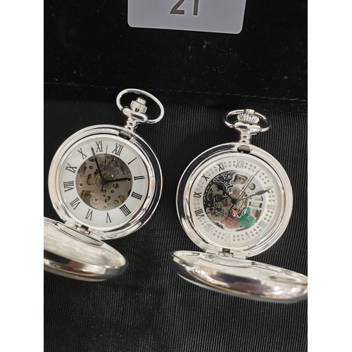 21 - 2 Pocket Watches Winders Ticking Skeleton Face Movements Working