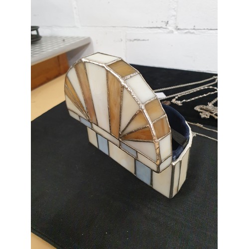 45 - Unusual Tiffany Glass Style Jewel Box With Costume Jewellery Decanter labels Button Hook Ect