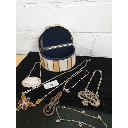 45 - Unusual Tiffany Glass Style Jewel Box With Costume Jewellery Decanter labels Button Hook Ect