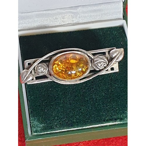 22 - Beautiful Silver Celtic Brooch With Large Centre Amber Stone In The Rennie McIntosh Style