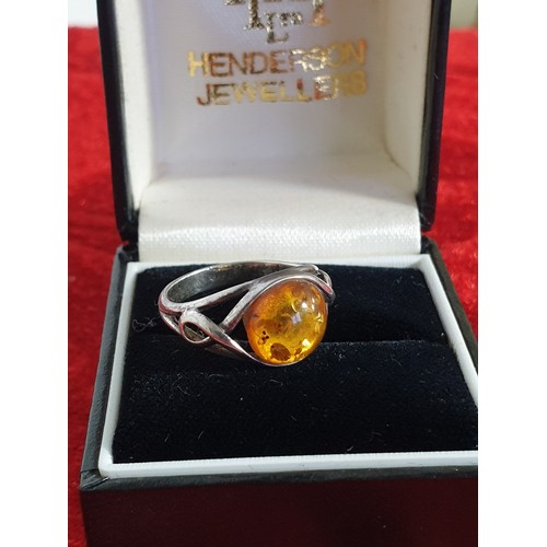 27 - Silver And Amber Stone  Ring
