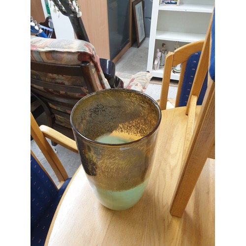 100e - Large Possible Scottish Glass Vase Rising From Breen Base to Gold/Black Swirls And Clouds 32cms x 18... 