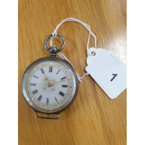 1 - Ladies Silver Pocket Watch With Beautiful Enamel Face With Gilded Decoration And Roman Numerals